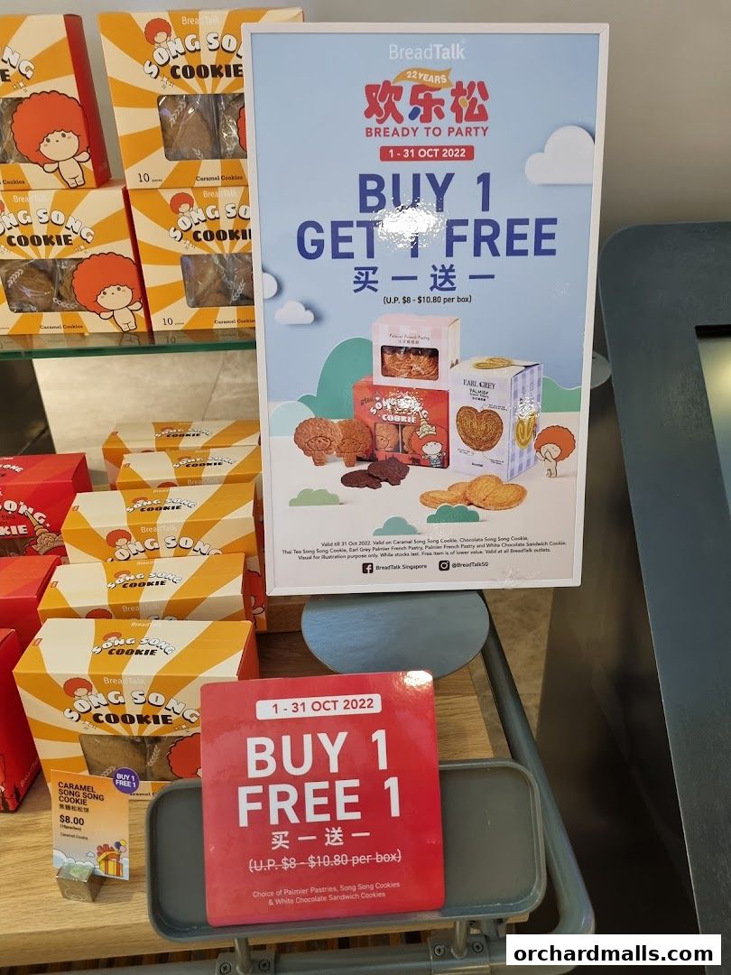 BreadTalk promotion for Buy 1 Get 1 Free on cookies and pastries.