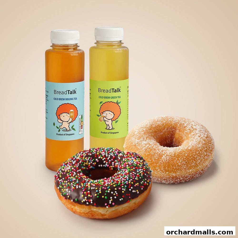 Two bottles of cold brew tea and two donuts from BreadTalk.