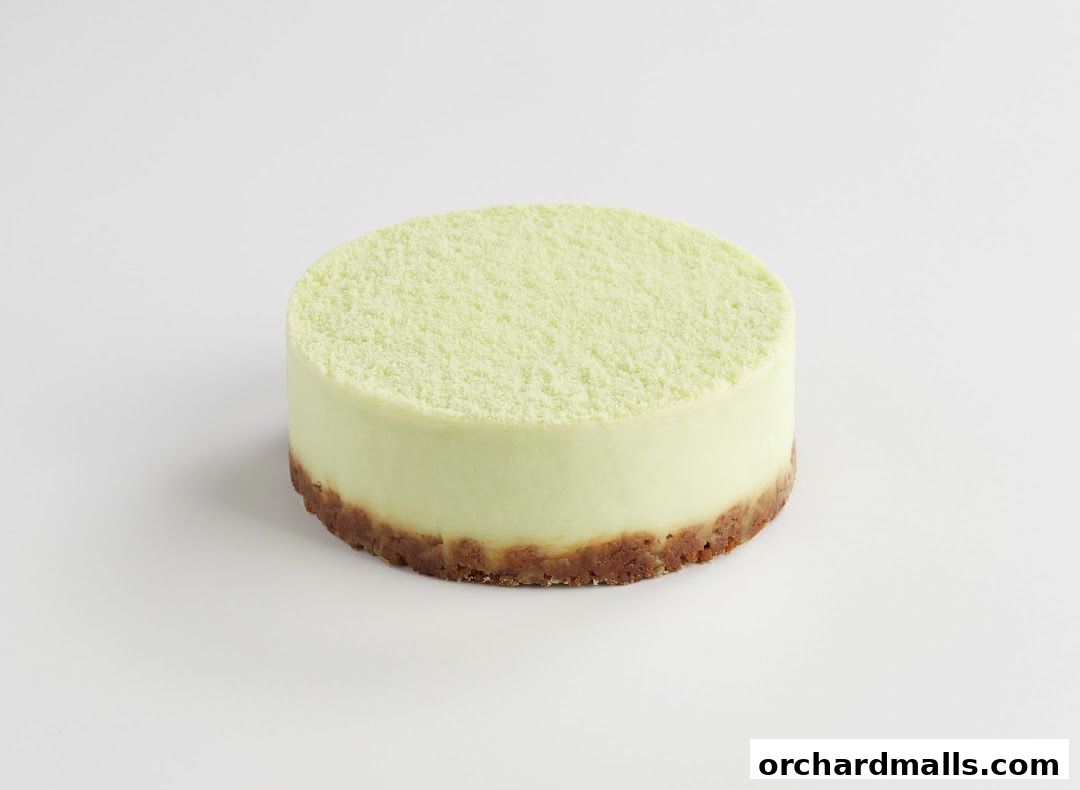 A round, light green cheesecake with a crumbly crust on a white background.