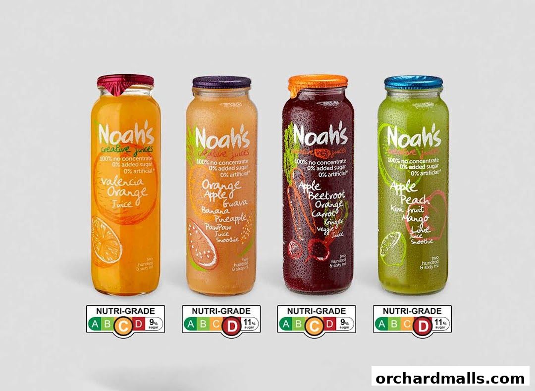 Four bottles of Noah's juices and smoothies with Nutri-Grade labels.