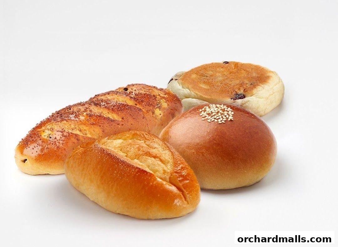 A selection of freshly baked breads and buns arranged on a white background.