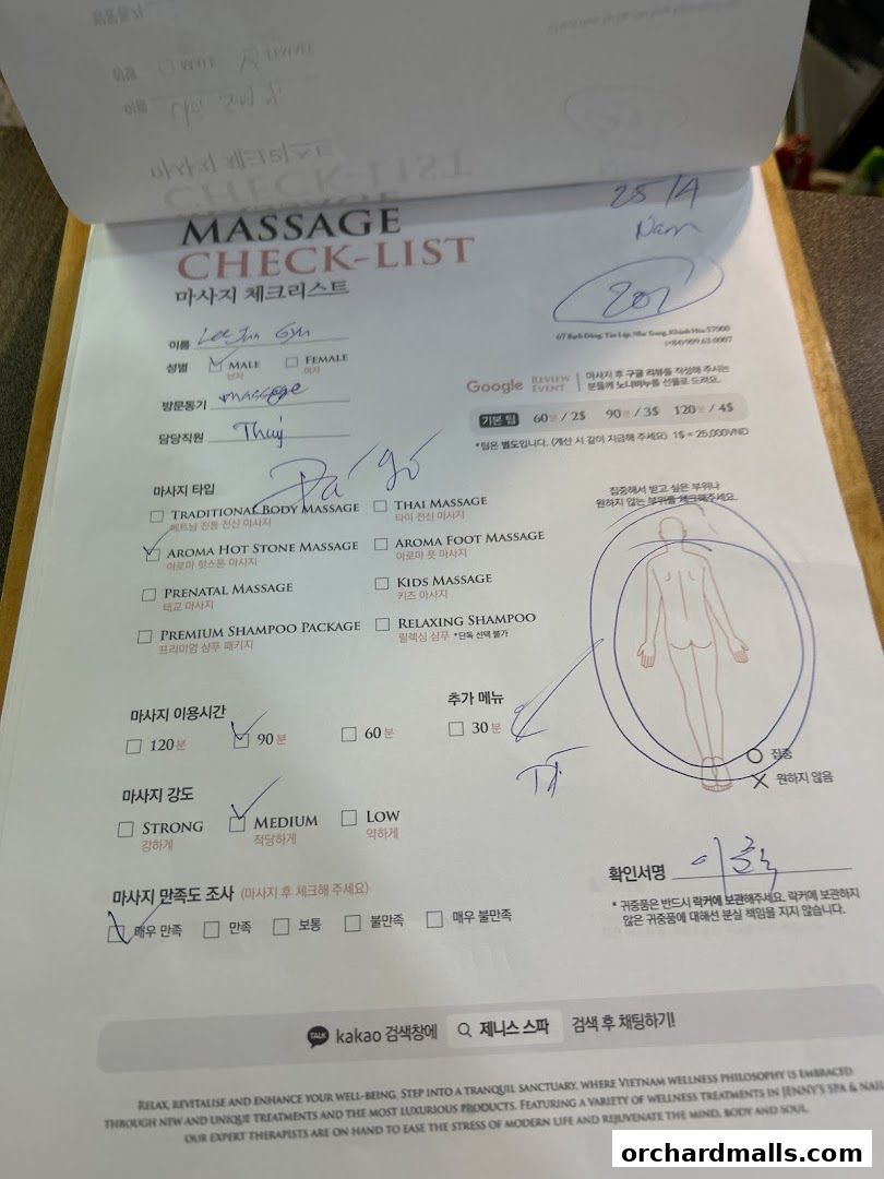A massage check-list with various service options and customer preferences.