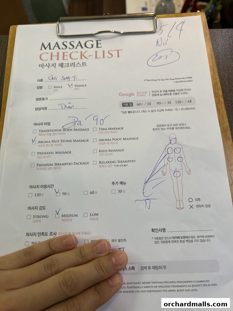 A massage check-list with service options, duration, and intensity selections.