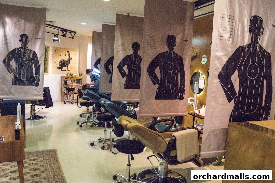 Interior of a beauty salon with treatment chairs and target-themed decor.