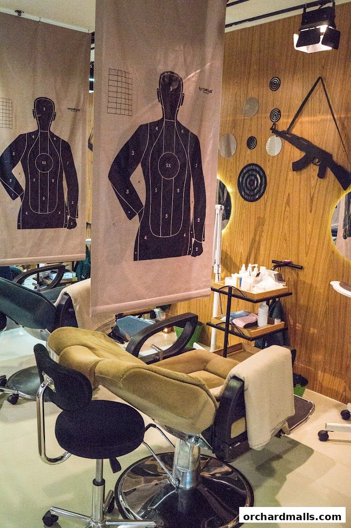 Interior of a beauty salon with chairs and target-themed decor.