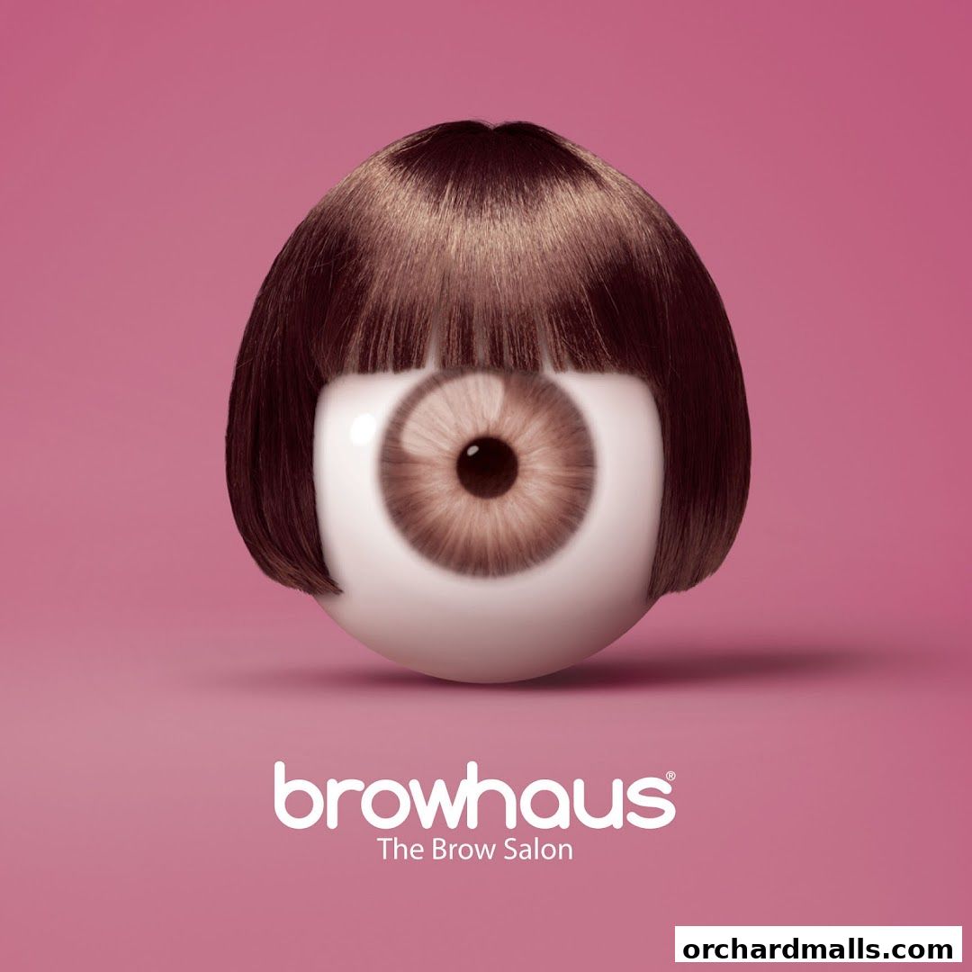 A stylized eyeball with a bob haircut and the Browhaus logo on a pink background.