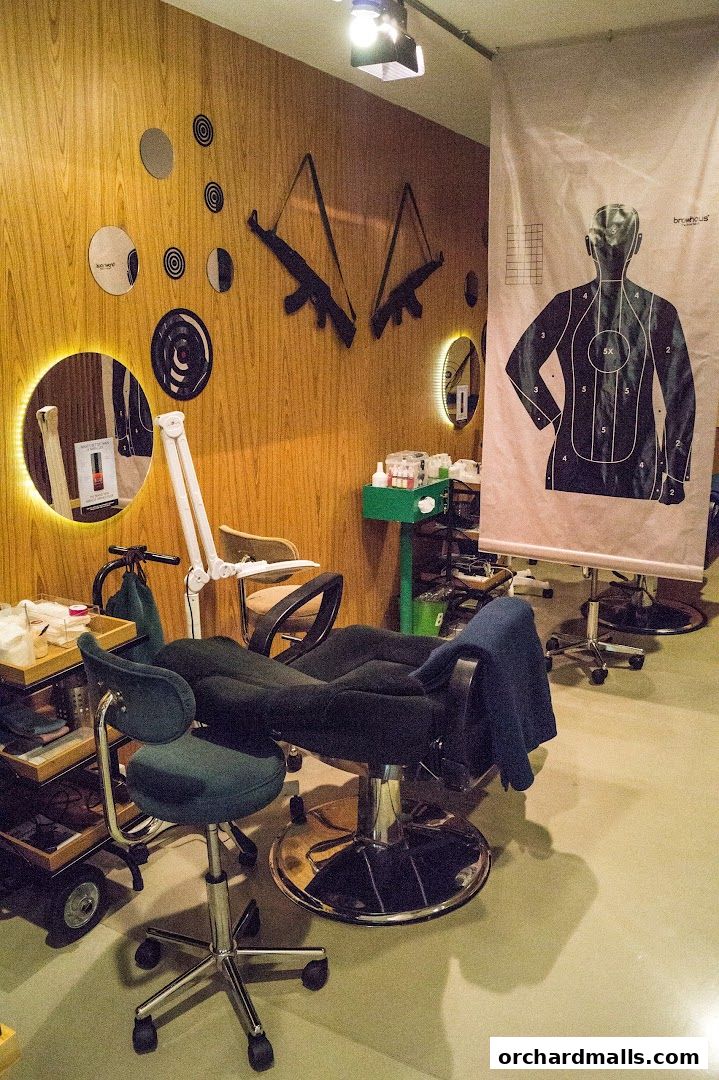 Interior of a beauty salon with chairs, mirrors, and decorative elements.
