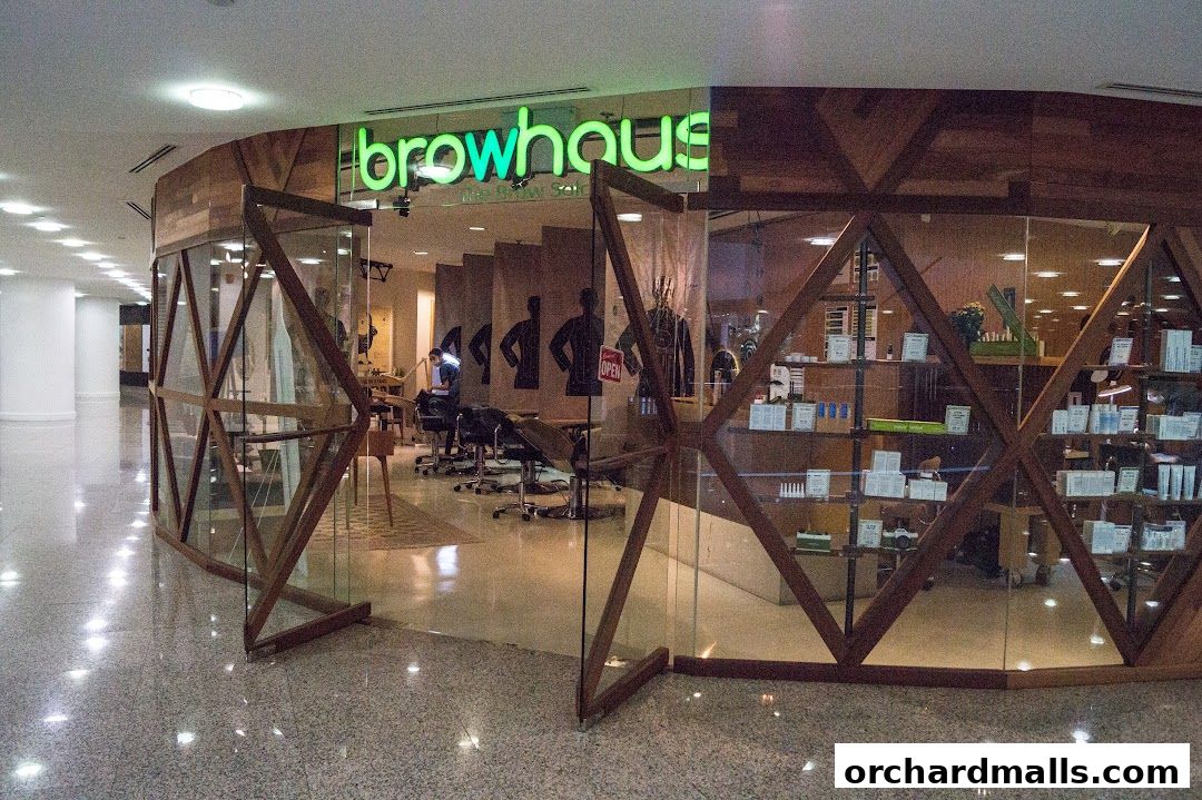 Browhaus shop interior with treatment chairs and retail products displayed on shelves.