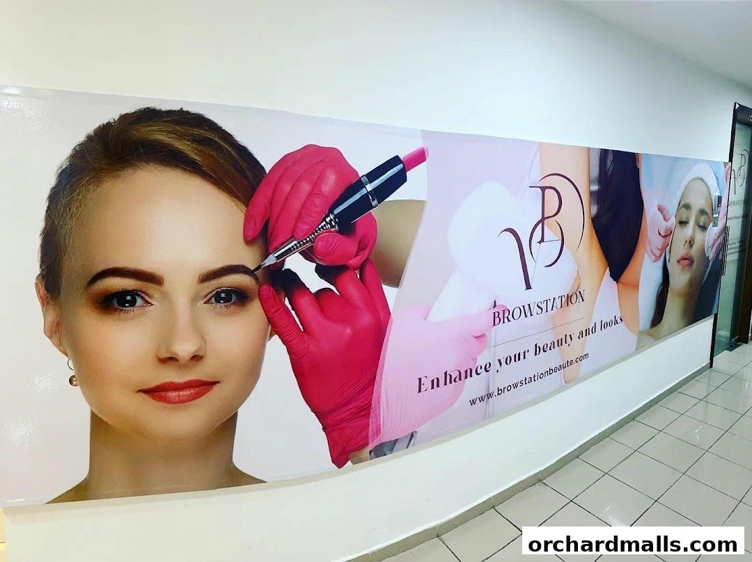 A large banner for Browstation Beaute showcasing eyebrow services and a woman receiving treatment.