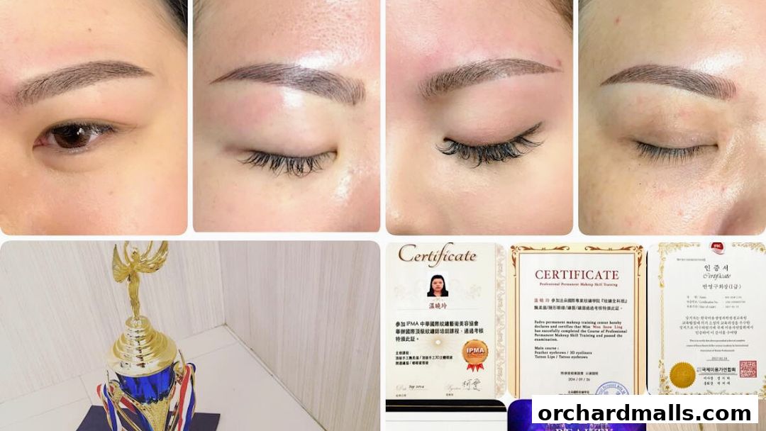 Collage of eyebrow transformations, certificates, and a trophy.