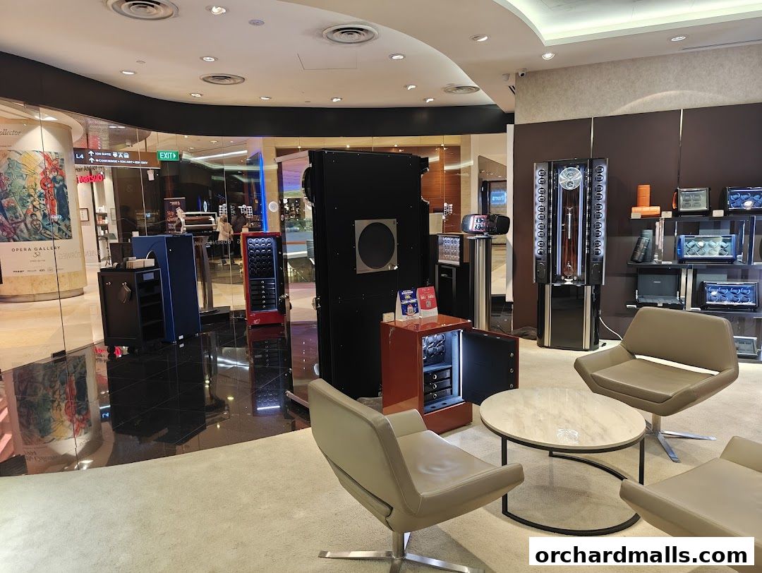 Interior of a luxury watch and safe display store with seating area.