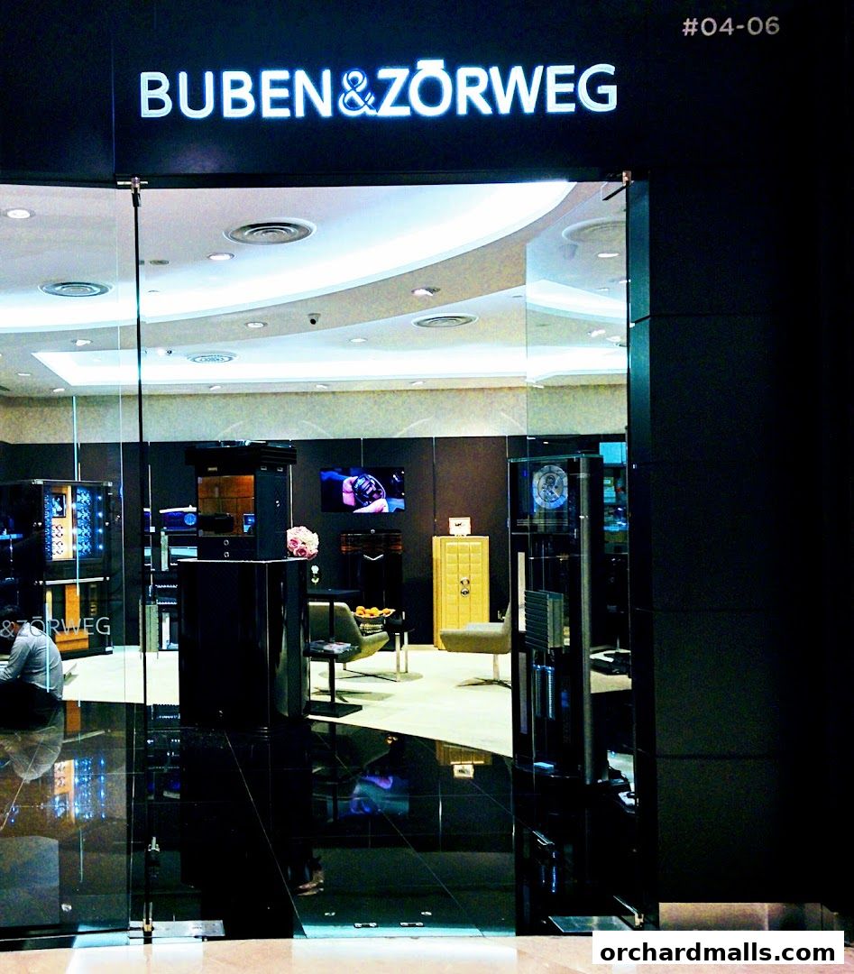 The entrance of Buben & Zorweg, a luxury store showcasing watches and safes.
