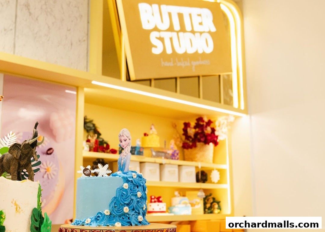 Butter Studio's display features a blue cake with Elsa, an elephant cake, and various other decorative cakes.