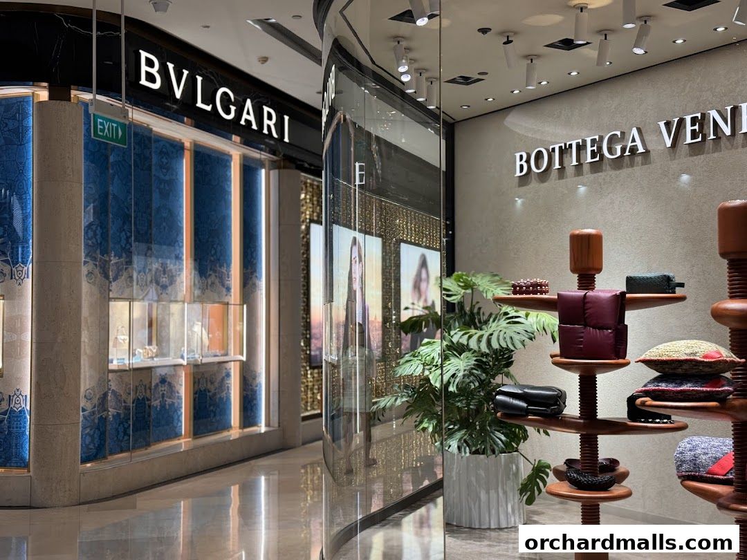 Exterior view of Bvlgari and Bottega Veneta stores with luxury displays and signage.
