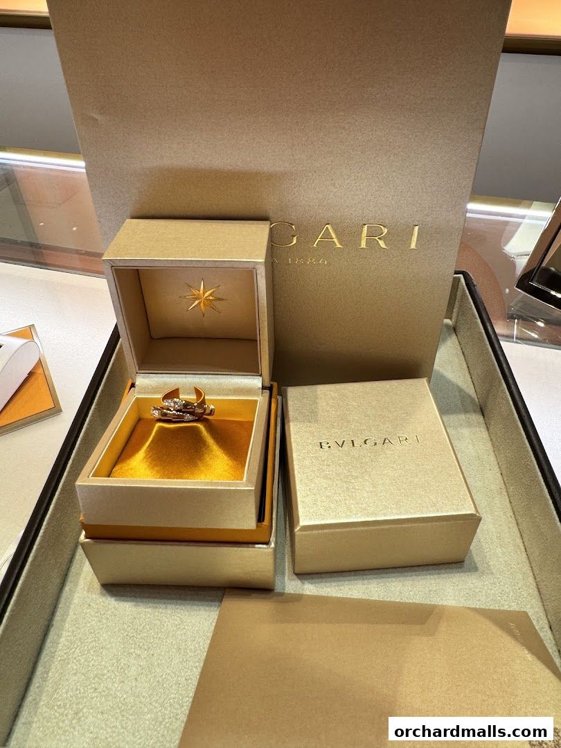 A BVLGARI ring displayed in its luxurious packaging, showcasing exquisite craftsmanship.