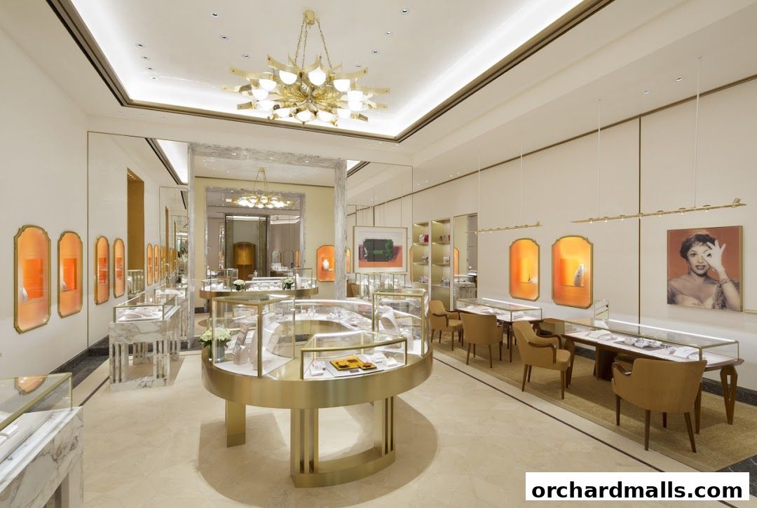 Interior view of a luxurious jewelry store with display cases and seating areas.