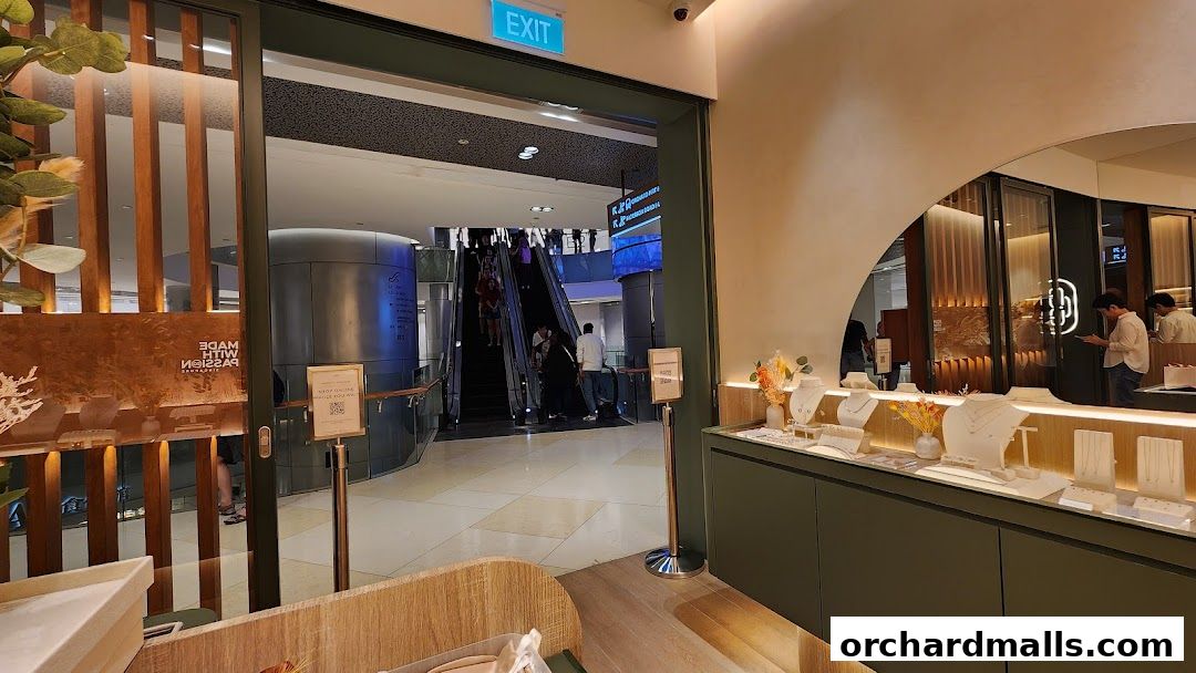 Interior view of a jewelry store with displays of necklaces and earrings, and an escalator in the background.
