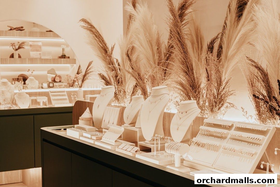 A beautifully displayed collection of necklaces and earrings in a modern jewelry store.