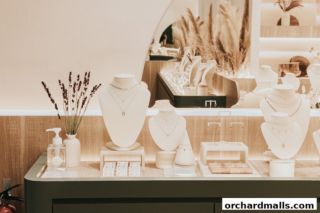 A display of elegant necklaces and earrings on mannequins and stands in a jewelry store.