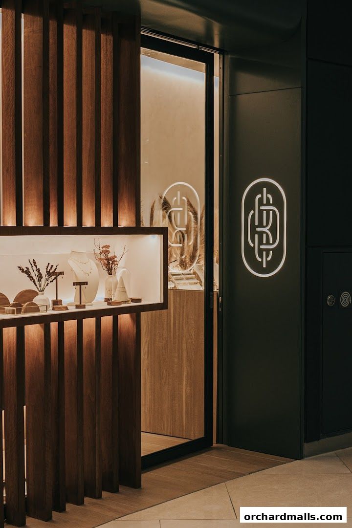 Elegant jewelry store entrance with a warm wooden facade and illuminated display.