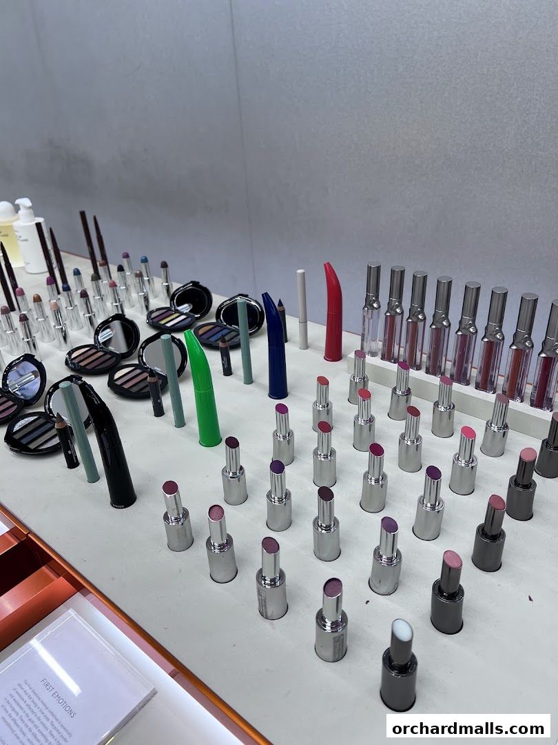 A display of various Byredo lipsticks, eyeshadows, and other makeup products.