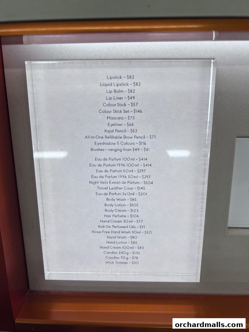 A price list for Byredo's makeup, fragrance, and home scent products.