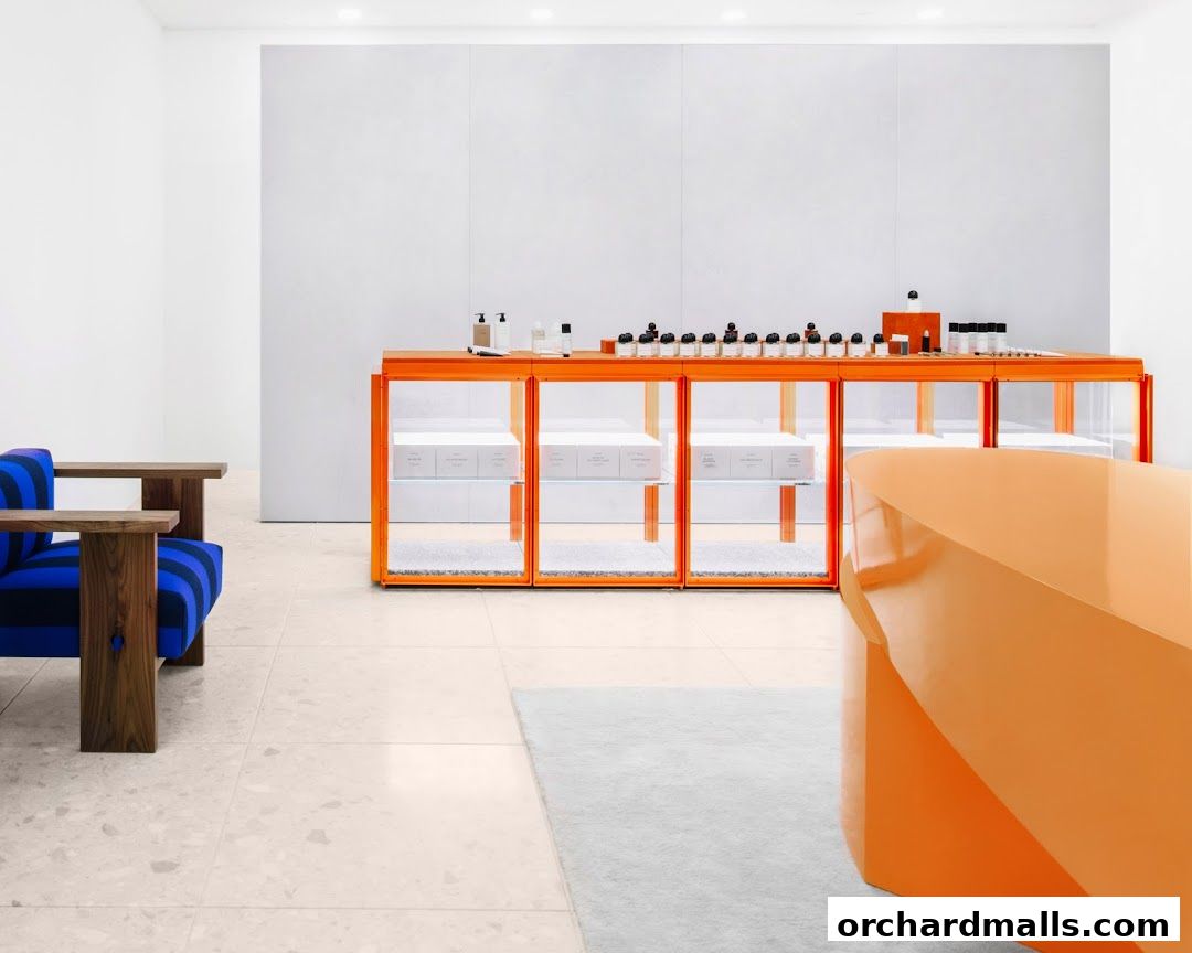 Interior of a modern Byredo shop with orange display cases and seating.