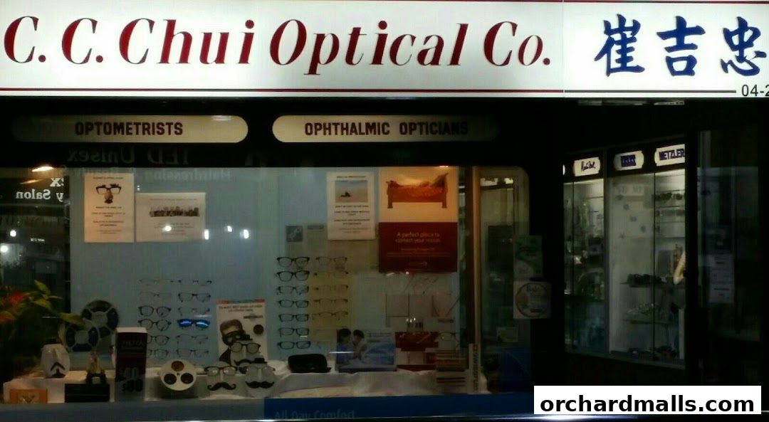 Exterior of C. C. Chui Optical Co. shop with optometrist and optician services.