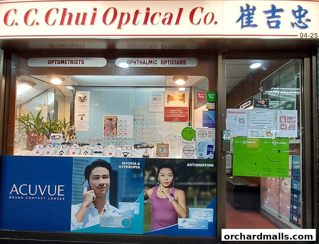 Exterior of C. C. Chui Optical Co. shop with eyeglasses and contact lens displays.