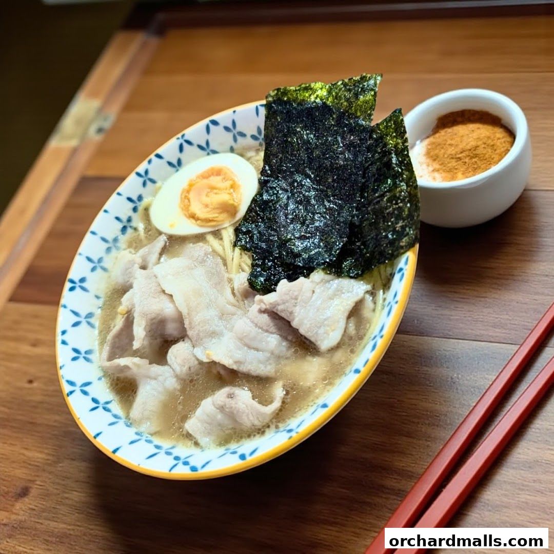 A bowl of ramen with pork, egg, and seaweed, served with chopsticks and a side of spice.