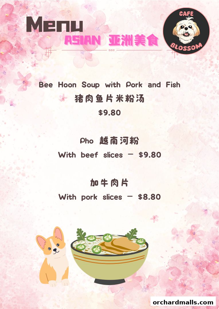 A menu from Cafe Blossom featuring Asian dishes like Bee Hoon Soup and Pho.