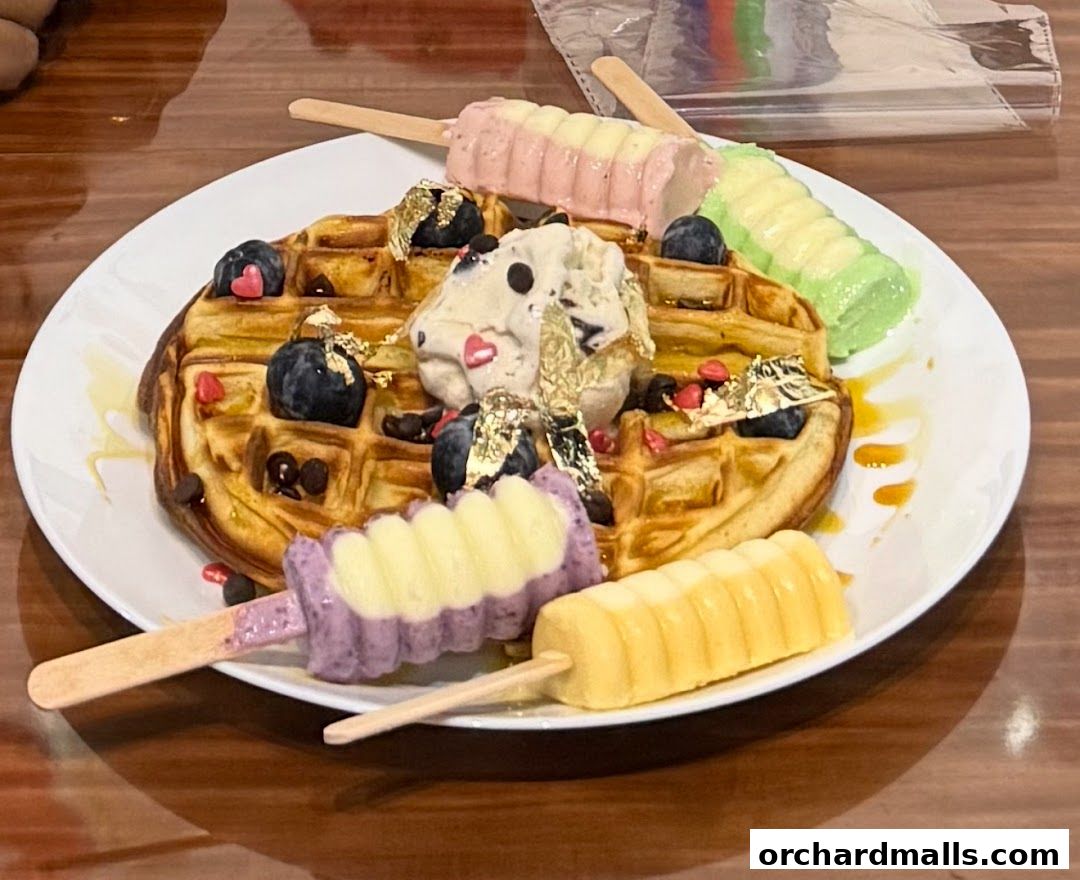 A waffle topped with ice cream, blueberries, chocolate chips, and colorful popsicles.