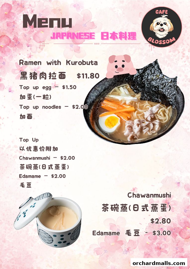 A menu for Cafe Blossom featuring Japanese dishes like ramen, chawanmushi, and edamame.