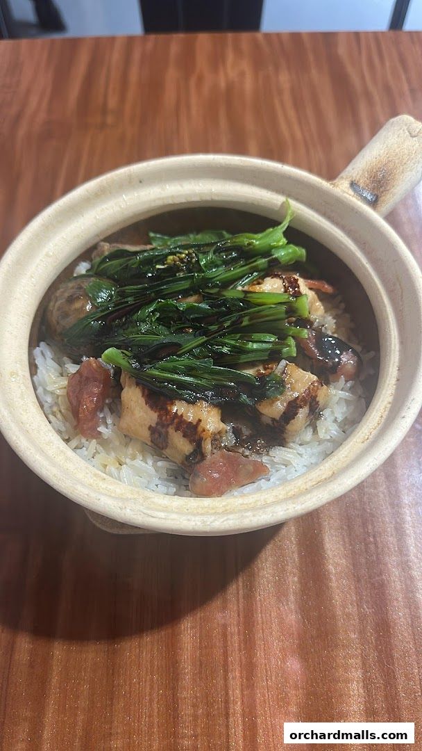 A clay pot filled with rice, topped with meat, vegetables, and sauce.