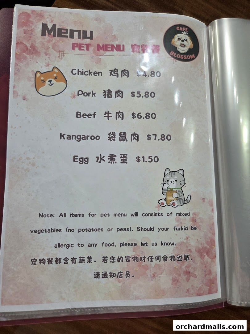 A pet menu from Cafe Blossom featuring various protein options and egg dishes.