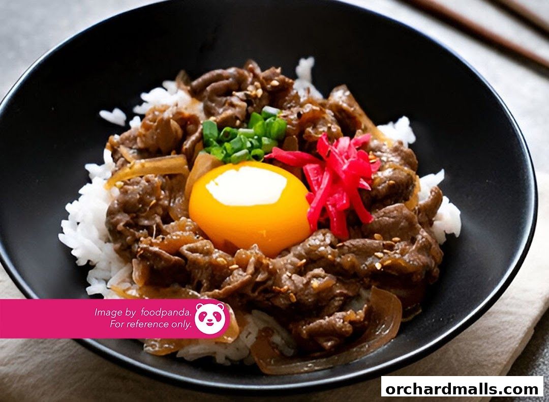 A close-up of a delicious beef bowl with rice, egg yolk, and green onions.
