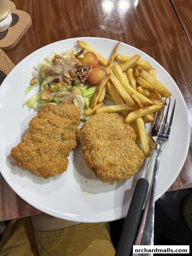 A plate of crispy fried chicken, french fries, and a side salad with dressing.