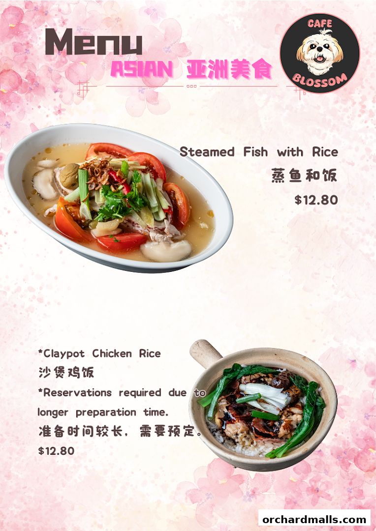 A menu from Cafe Blossom featuring Asian dishes like Steamed Fish and Claypot Chicken Rice.