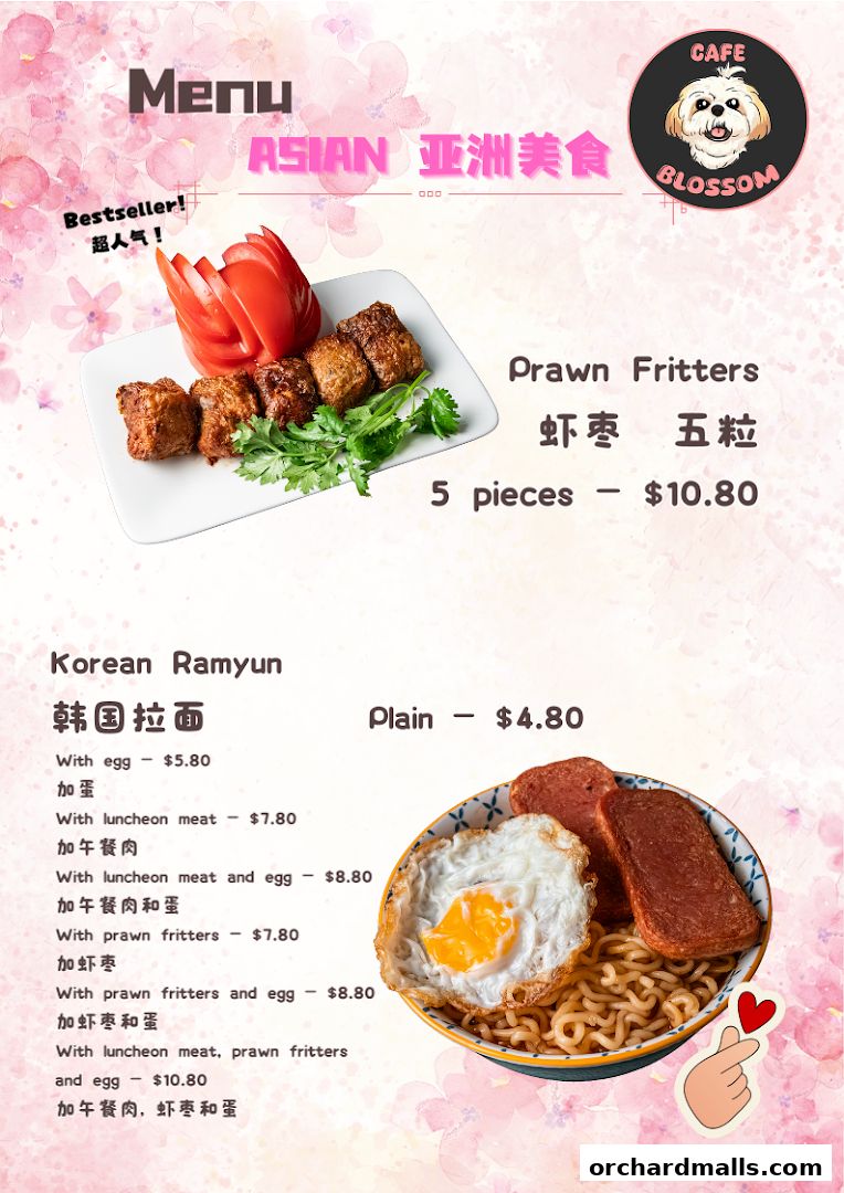 A menu from Cafe Blossom featuring Asian cuisine, including Prawn Fritters and Korean Ramyun.