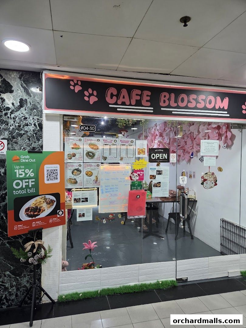 The exterior of Cafe Blossom, a charming cafe with a pink floral theme and an 'Open' sign.