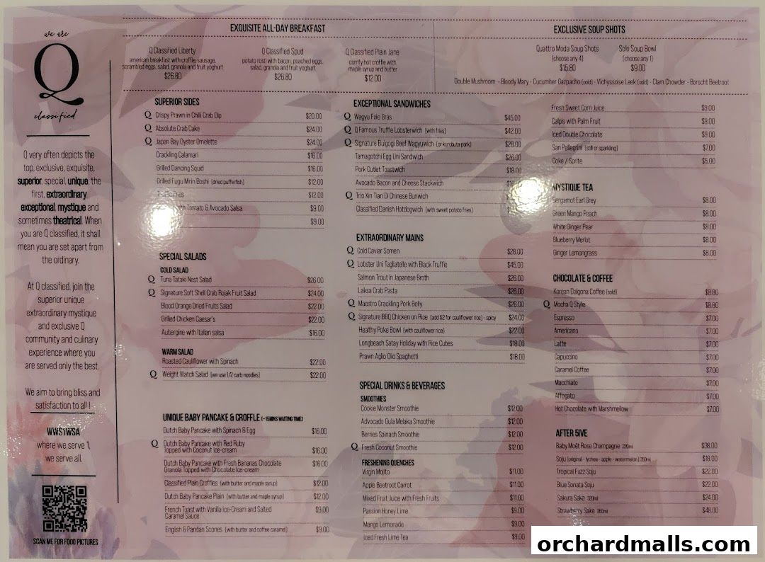 A menu from Q Classified featuring breakfast, sides, salads, sandwiches, mains, drinks, and desserts.