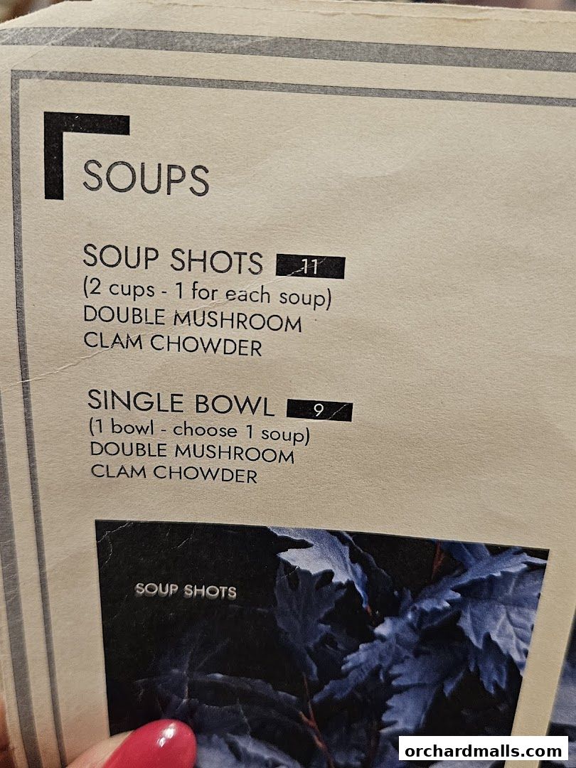 A menu section for soups, featuring soup shots and single bowls with two flavor options.