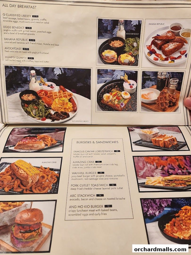 A menu from Cafe Q Classified featuring breakfast and burger options with enticing food photography.