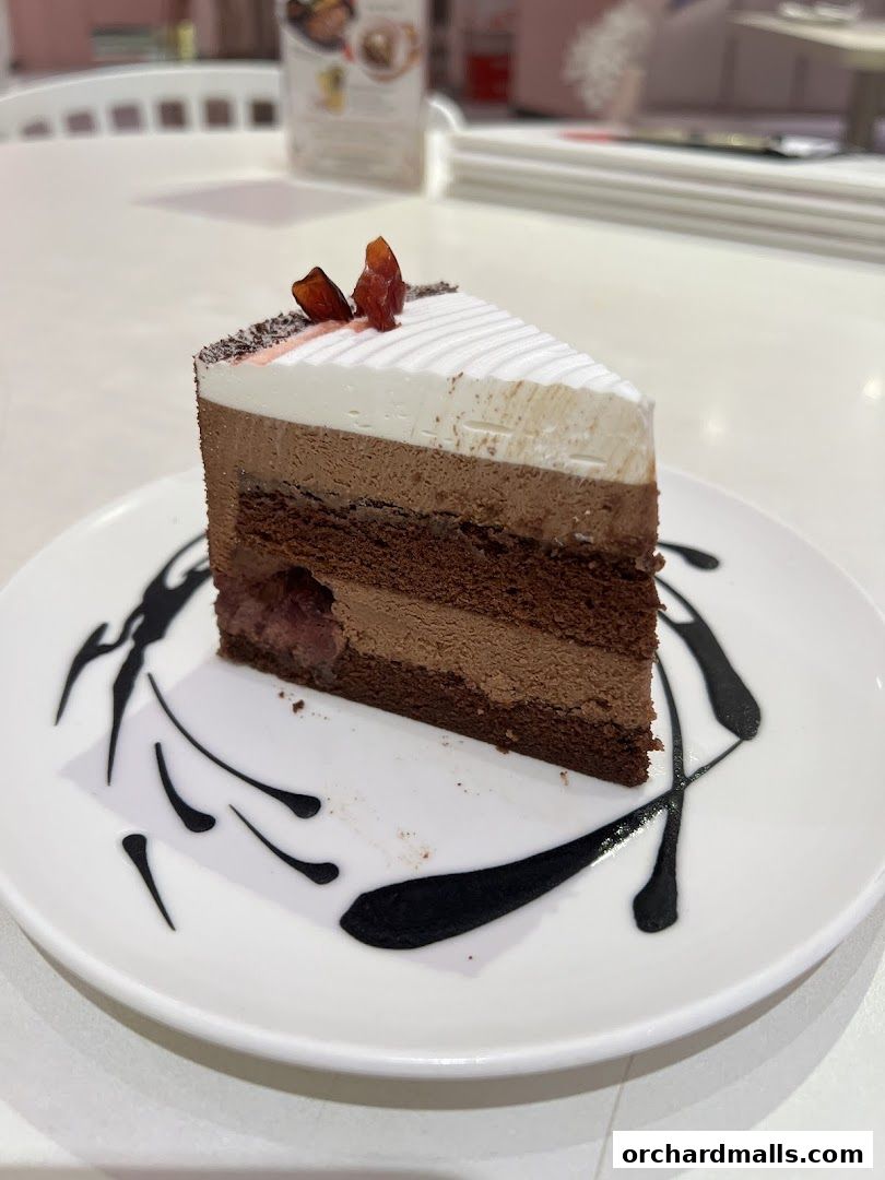 A slice of layered chocolate cake with white frosting and fruit garnish on a decorative plate.
