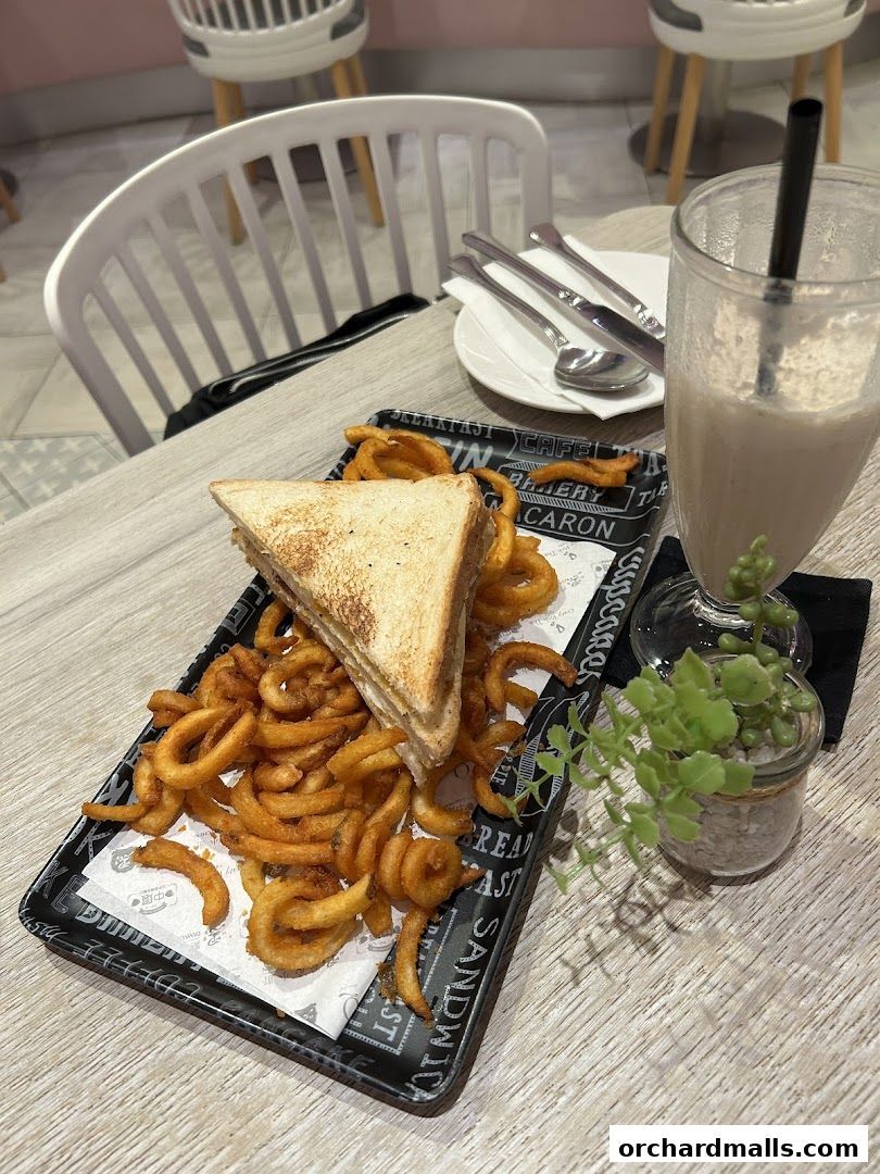 A sandwich and curly fries served with a drink at a cafe.