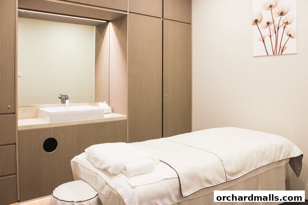 A clean and serene treatment room with a massage bed, sink, and modern cabinetry.