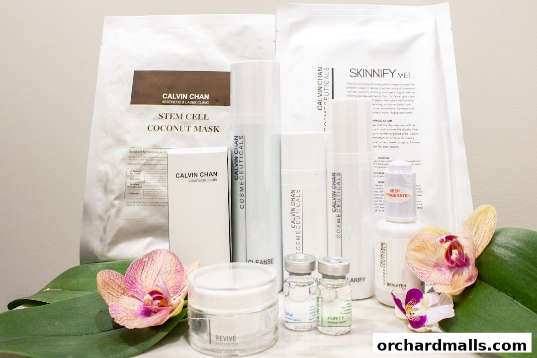 A collection of Calvin Chan Aesthetic & Laser Clinic skincare products and masks with orchids.