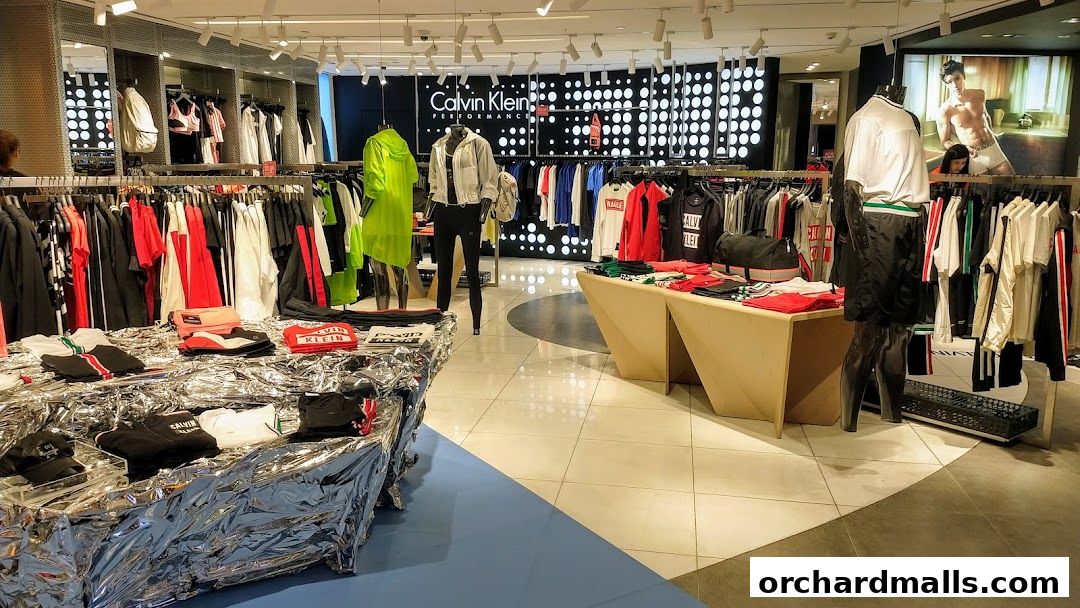 Interior of a Calvin Klein Underwear store showcasing apparel on racks and displays.