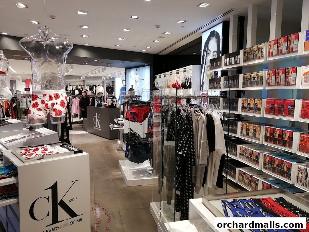 Interior view of a Calvin Klein Underwear store showcasing various apparel and displays.