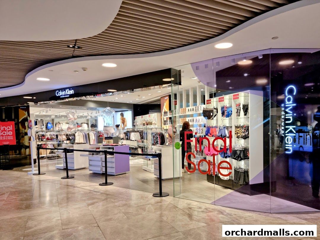 Interior view of a Calvin Klein Underwear store with merchandise displayed and a 'Final Sale' sign.